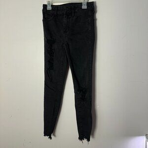 EUC American Eagle Denim Jeans Black Next Level Stretch 0 Short Distressed Women